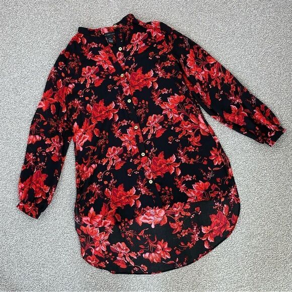 Joan Vass Floral High Low Button Front Blouse Black Red XS - Picture 12 of 14